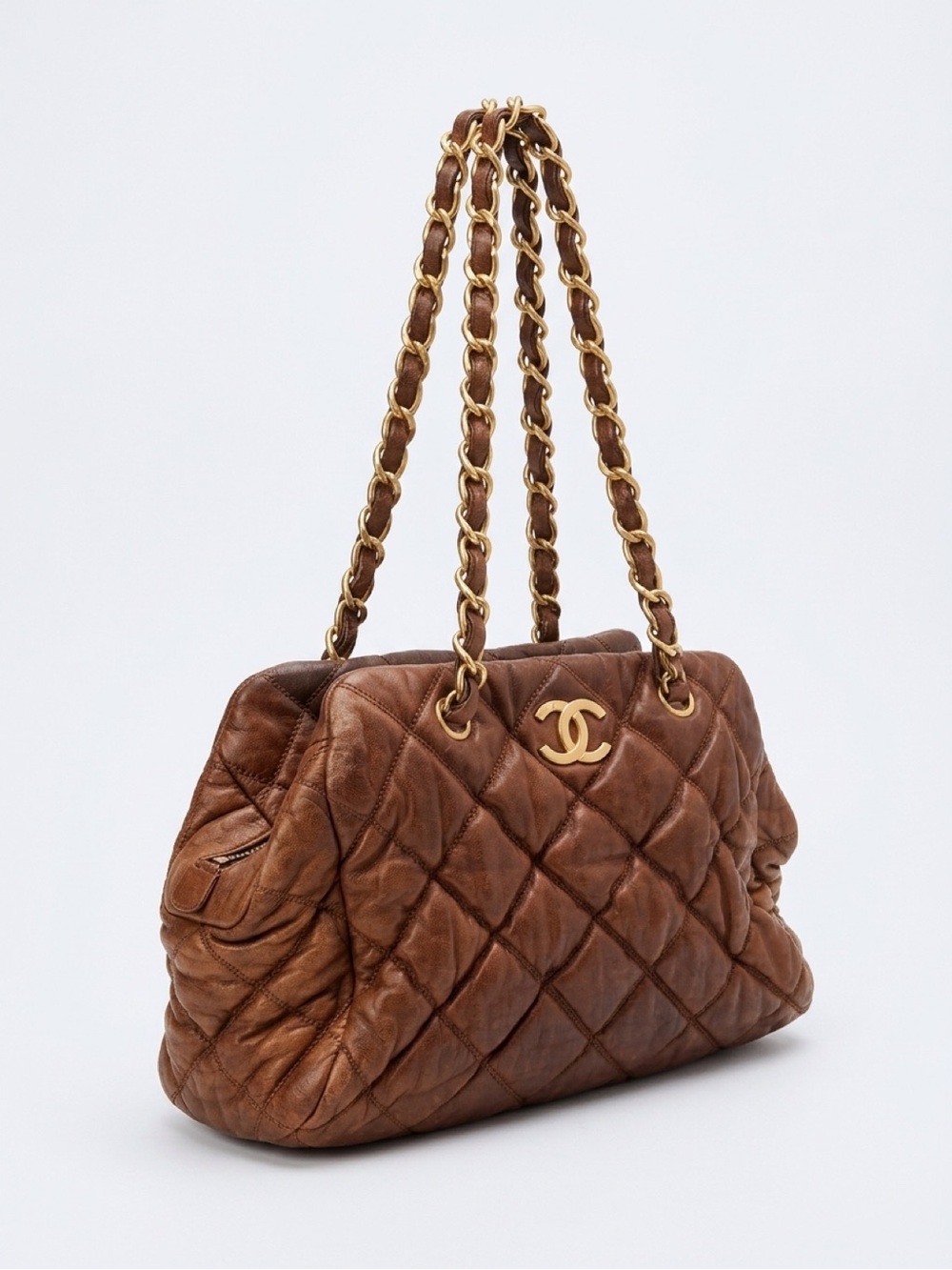 CHANEL Brown Quilted Leather Shoulder Bag with Gold Chain Strap